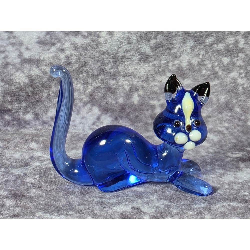 Vintage Cobalt Blue Art Glass Cat Figurine Miniature Hand Blown Animal Decor